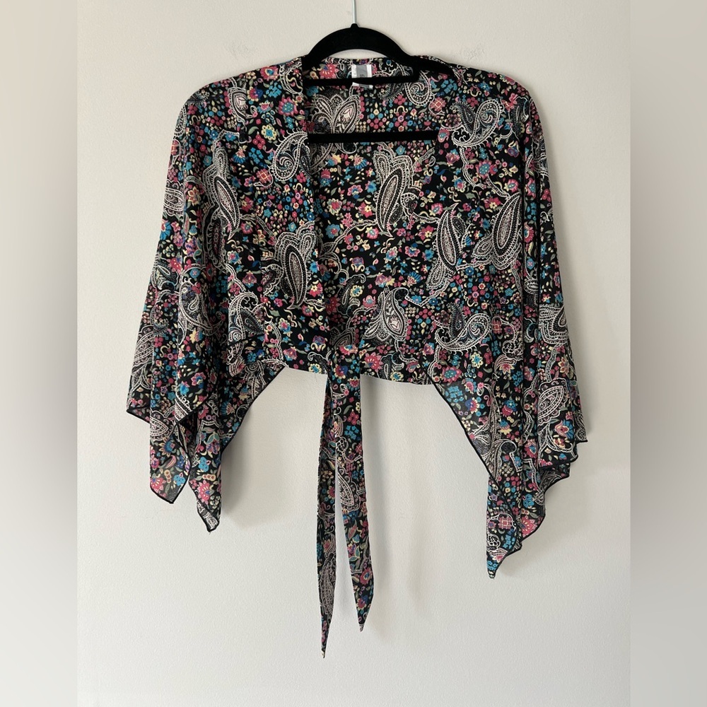Famosa Sheer Paisley Tie-Front Kimono Top Size M Made in USA
